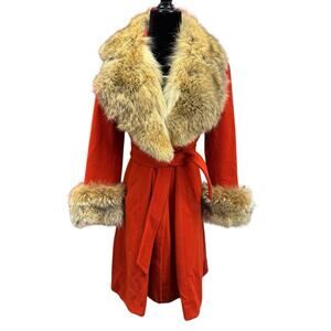 August Max Penny Lane VTG 80s Orange 100% Wool Coat Genuine Fur Trim Belted S/XS